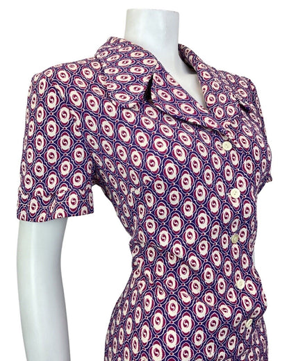 VINTAGE 60s 70s PURPLE PINK CREAM GEOMETRIC TILED MOD SHIRT DRESS 16