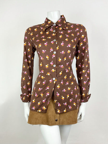 VINTAGE 60s 70s BROWN PINK YELLOW BIRD FLAMINGO MOD DAGGER SHIRT BOUSE 12 14