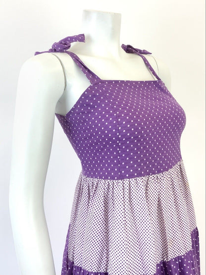 VINTAGE 60s 70s PURPLE WHITE POLKA-DOT TIERED STRAPPY BOHO TENT SUN DRESS 8 10
