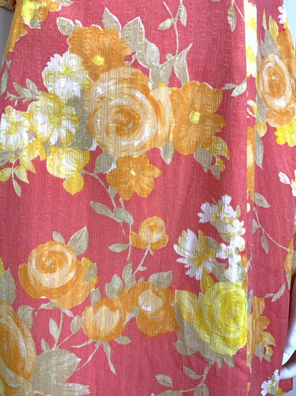 VINTAGE 60s 70s PINK YELLOW ORANGE FLORAL PUFF SLEEVE MOD EMPIRE LINE DRESS 8
