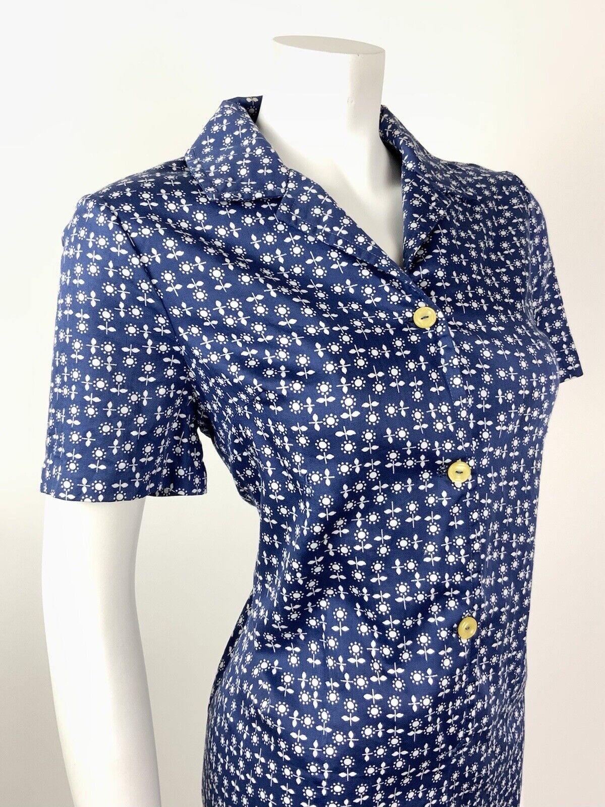 VINTAGE 60s 70s BLUE WHITE FLORAL DAISY SHIRT SHIFT DRESS 14 16