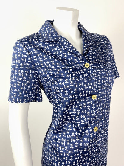 VINTAGE 60s 70s BLUE WHITE FLORAL DAISY SHIRT SHIFT DRESS 14 16