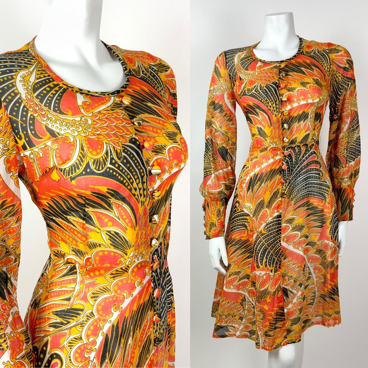 VTG 60s 70s ORANGE YELLOW BLACK FEATHER PSYCHEDELIC CARNIVAL SHEER DRESS 8 10