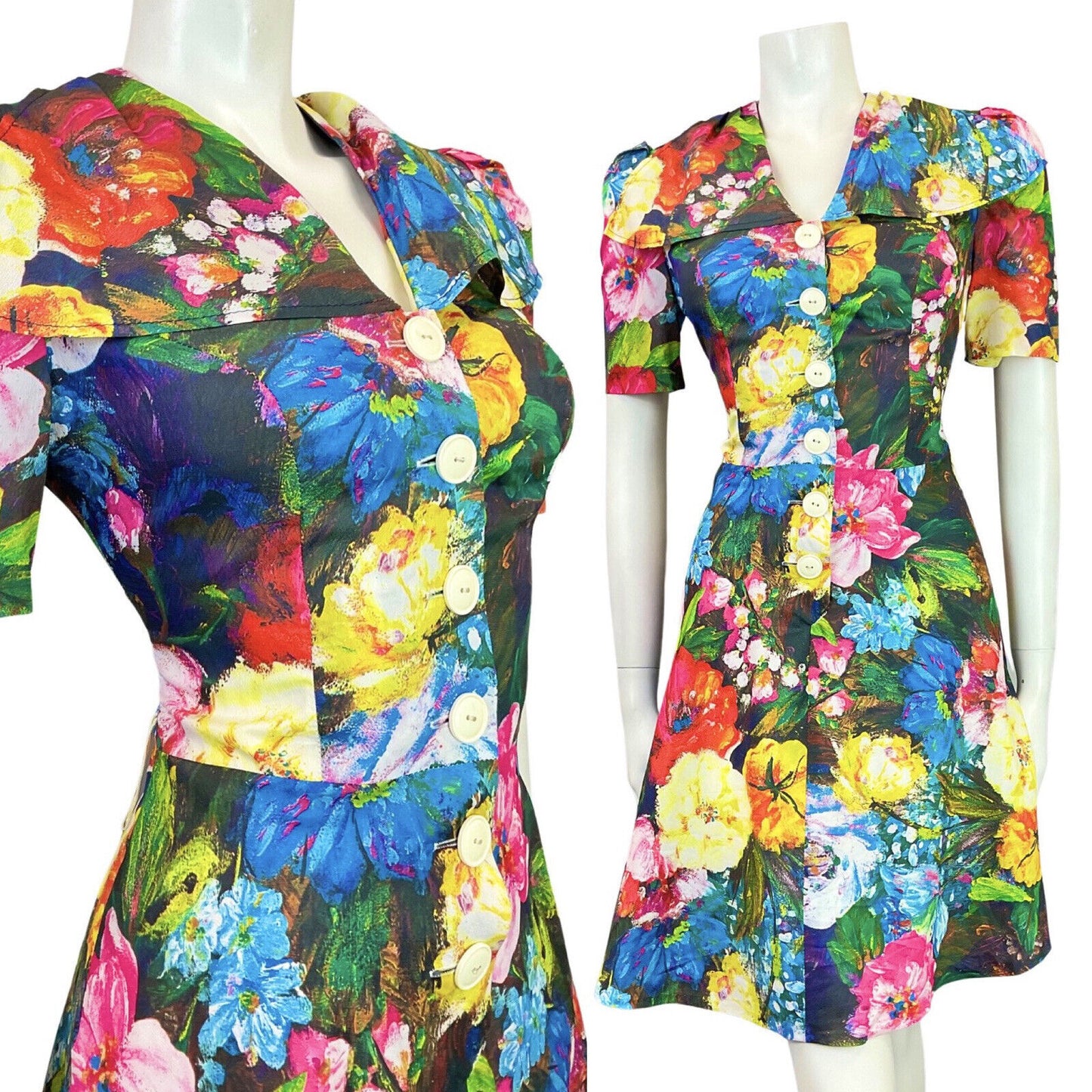 VINTAGE 60s 70s BLUE PINK YELLOW GREEN FLORAL PSYCHEDELIC WING SHIRT DRESS 8 10