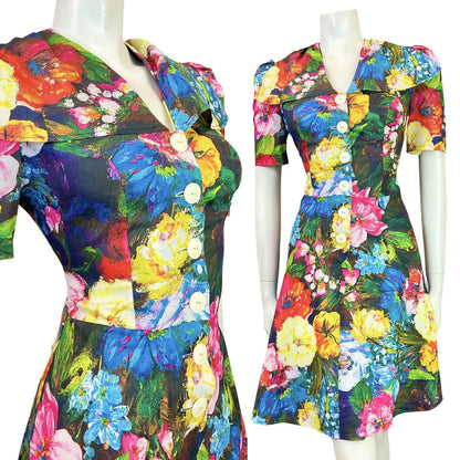 VINTAGE 60s 70s BLUE PINK YELLOW GREEN FLORAL PSYCHEDELIC WING SHIRT DRESS 8 10
