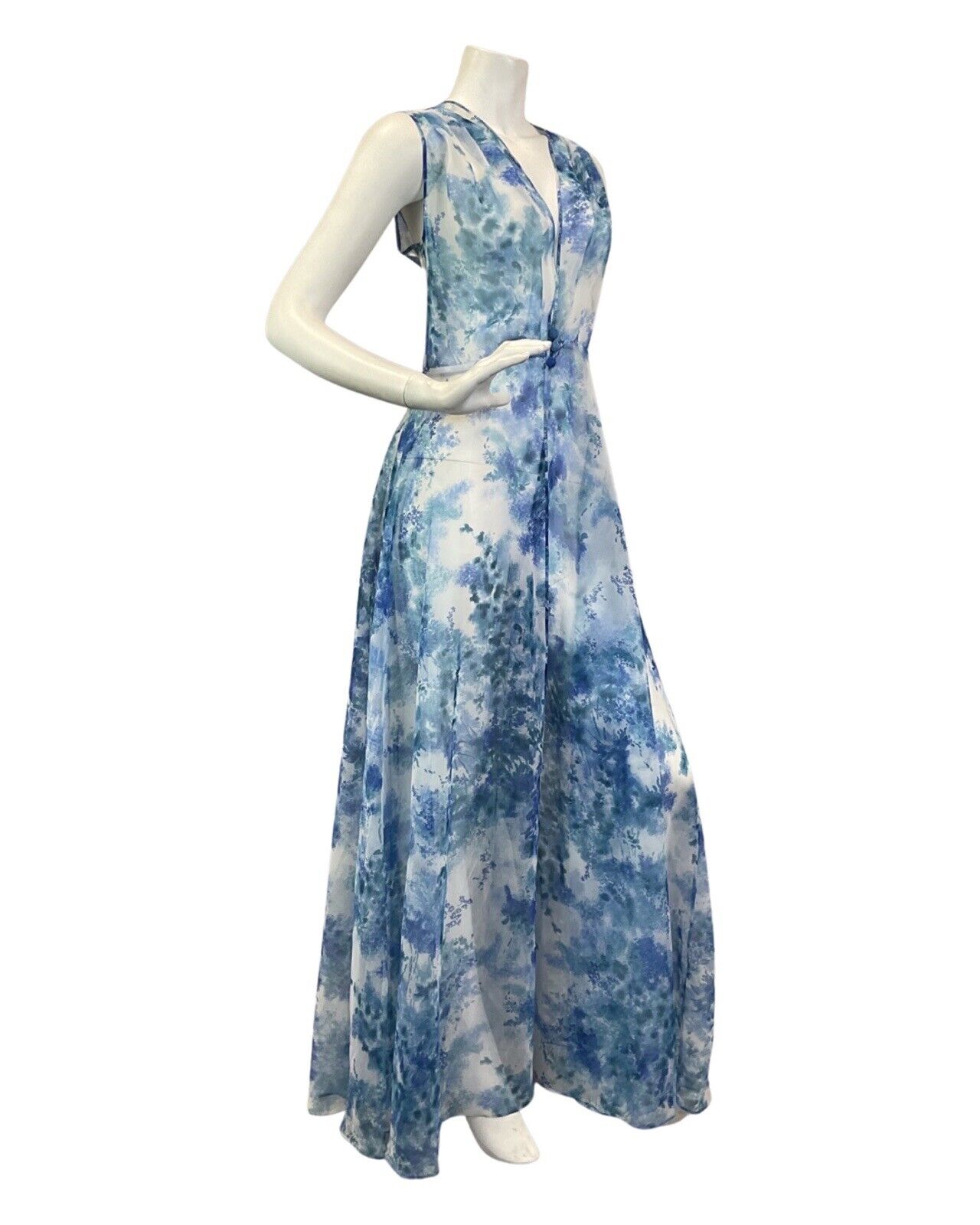 VINTAGE 60s 70s BLUE WHITE GREEN FLORAL LEAFY WAISTCOAT MAXI OVER-DRESS 14 16