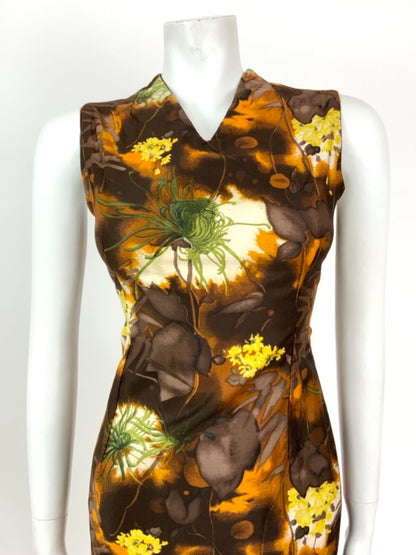 VINTAGE 60s 70s BROWN ORANGE YELLOW GREEN FLORAL PSYCHEDELIC SLEEVELESS DRESS 8