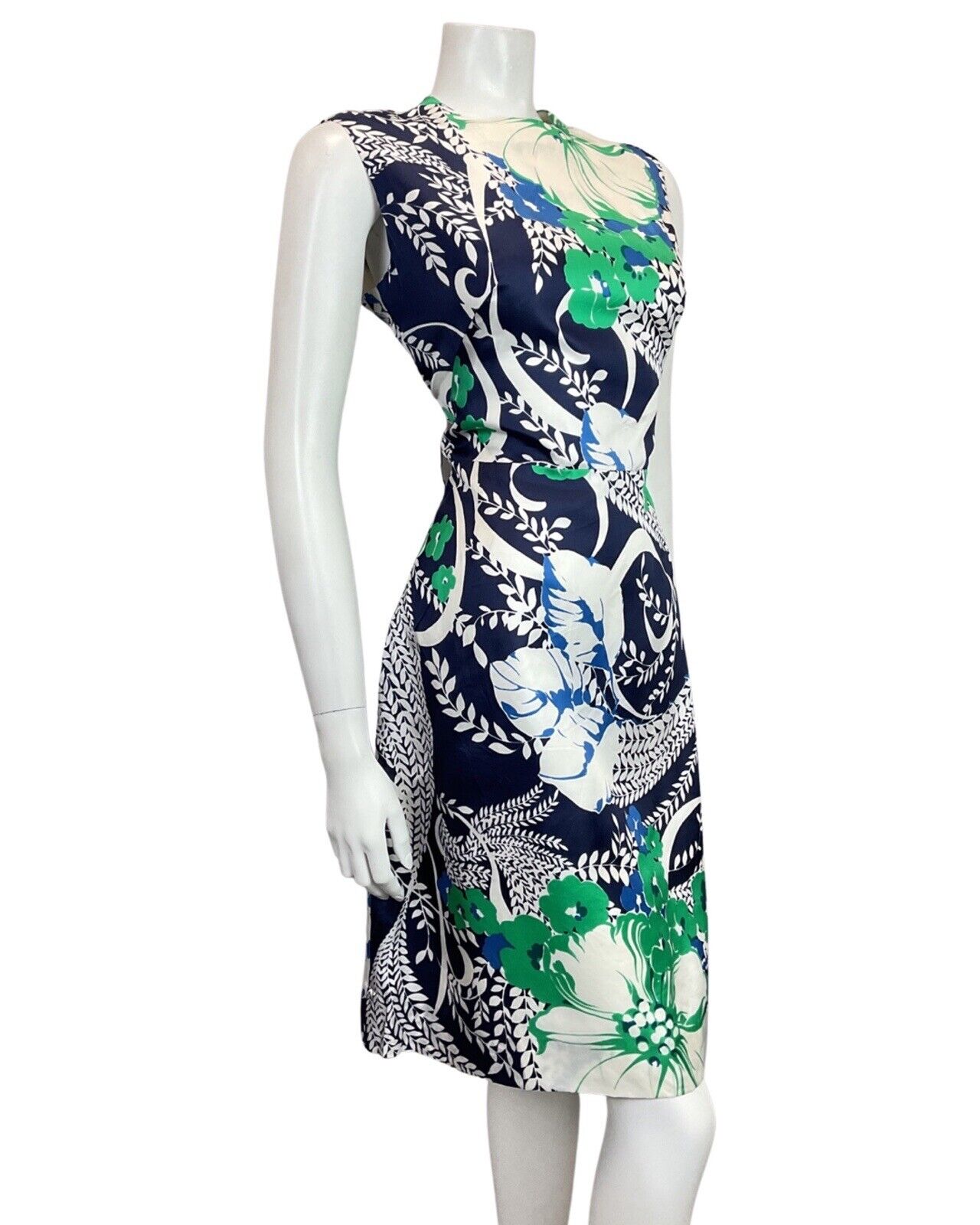 VINTAGE 60s 70s BLUE GREEN WHITE FLORAL VINE LEAFY SLEEVELESS DRESS 12