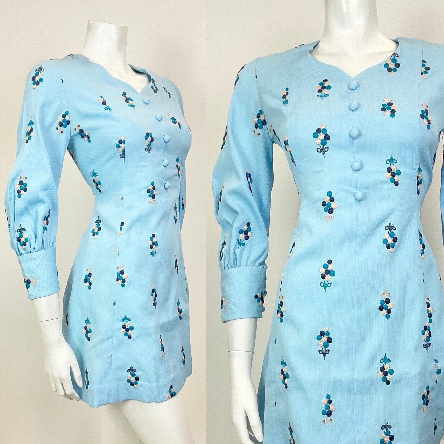 VTG 60s 70s BABY BLUE NAVY CREAM EMBROIDERED ANGLAISE FLORAL SWING DRESS 10 12