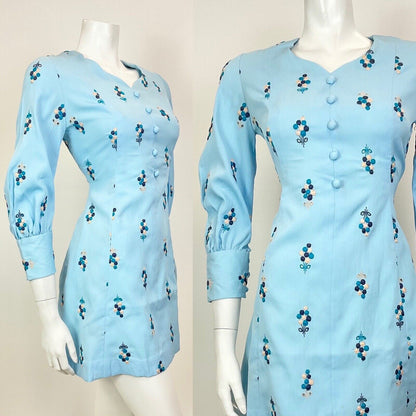 VTG 60s 70s BABY BLUE NAVY CREAM EMBROIDERED ANGLAISE FLORAL SWING DRESS 10 12