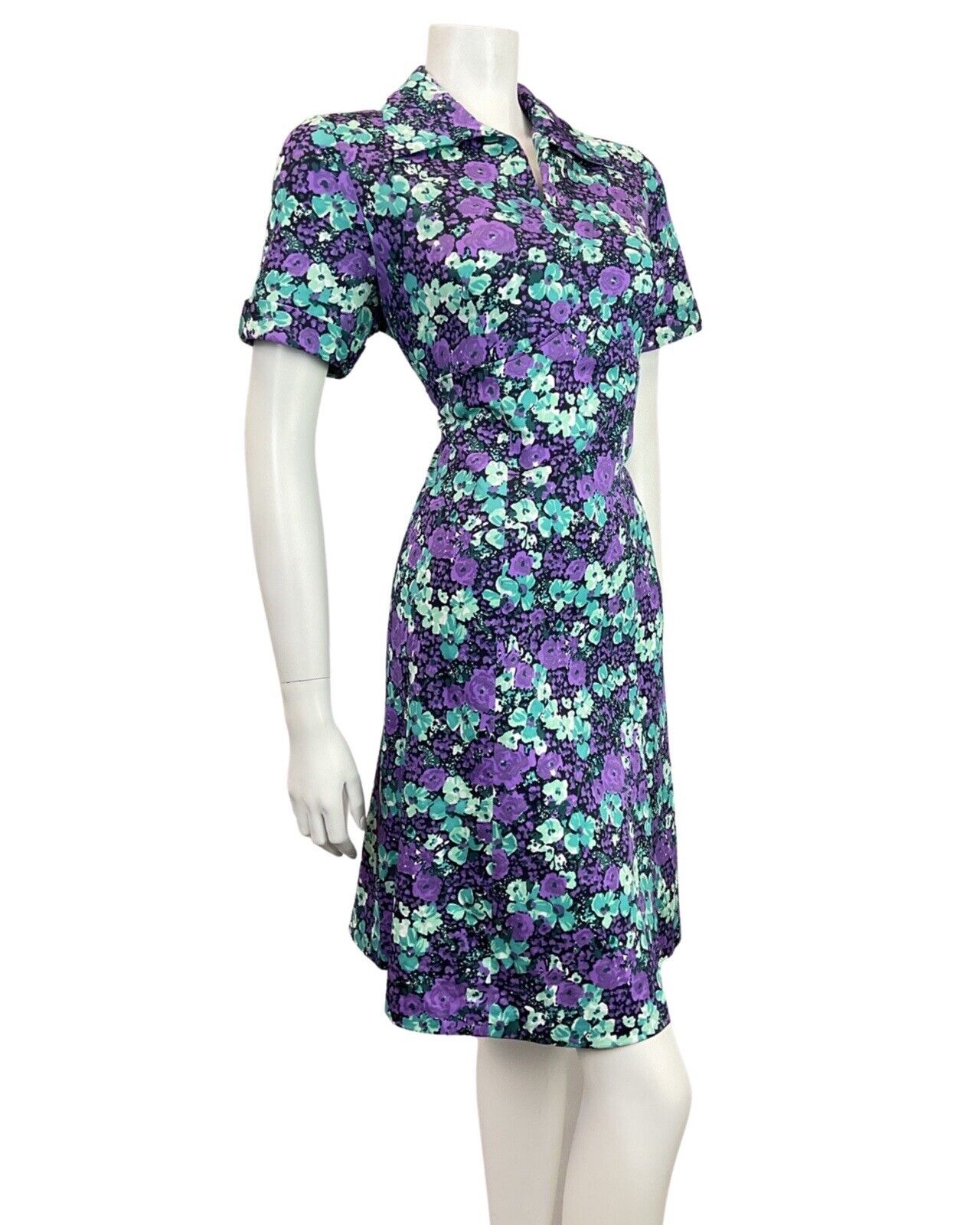 VINTAGE 60s 70s PURPLE BLUE MINT FLORAL DITSY PSYCHEDELIC MOD SHIRT DRESS 14 16