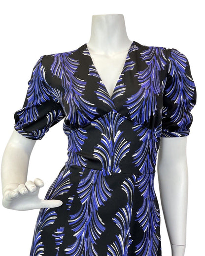 VINTAGE 60s 70s BLACK PURPLE WHITE ACANTHUS DECO MAXI DRESS 12 14
