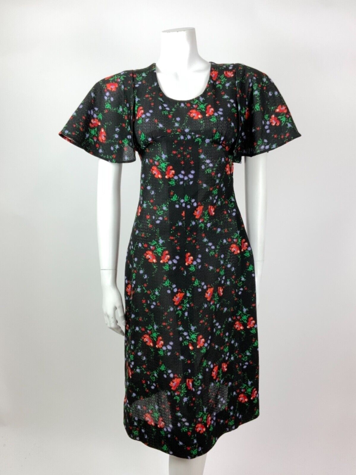 VINTAGE 60s 70s BLACK RED GREEN PURPLE FLORAL CAPE SLEEVE DRESS 10