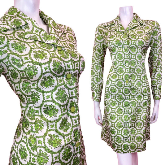 VINTAGE 60s 70s WHITE GREEN FLORAL DAISY CHAIN MOD DAGGER SHIRT DRESS 10 12