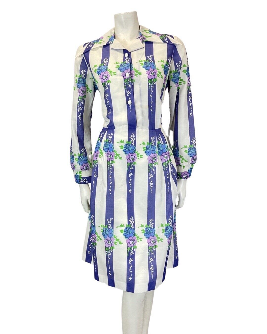 VINTAGE 60s 70s WHITE PURPLE BLUE STRIPED FLORAL WING COLLAR SHIRT DRESS 12 14