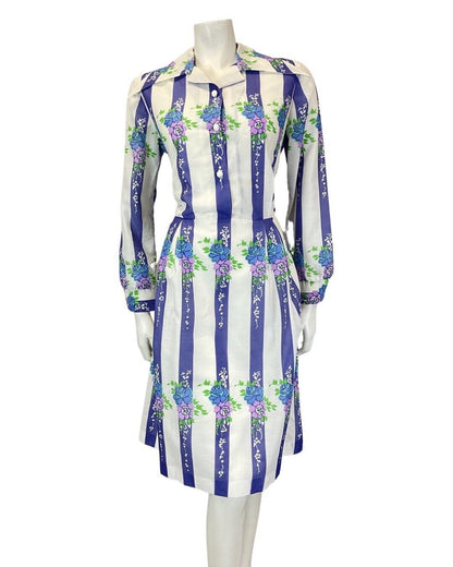 VINTAGE 60s 70s WHITE PURPLE BLUE STRIPED FLORAL WING COLLAR SHIRT DRESS 12 14