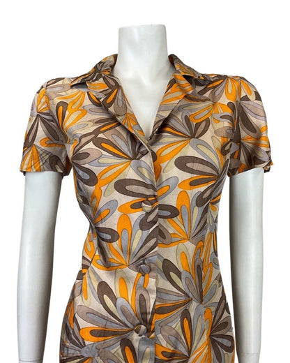 VINTAGE 60s 70s BROWN ORANGE BEIGE PSYCHEDELIC FLORAL SHIRT DRESS 12 14