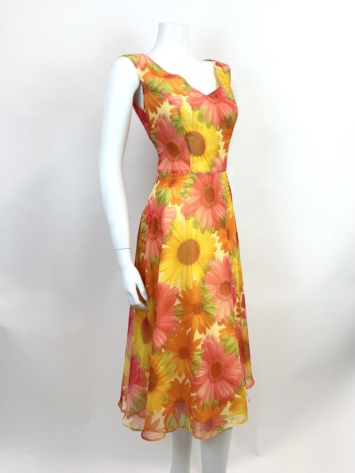 VINTAGE 60s 70s YELLOW ORANGE PINK FLOWER POWER GERBERA FLOATY SUMMER DRESS 8 10