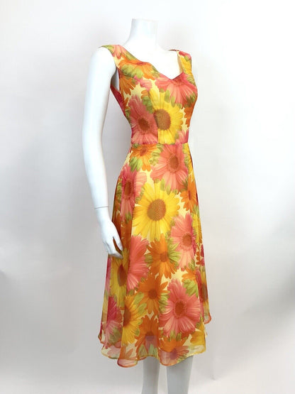 VINTAGE 60s 70s YELLOW ORANGE PINK FLOWER POWER GERBERA FLOATY SUMMER DRESS 8 10