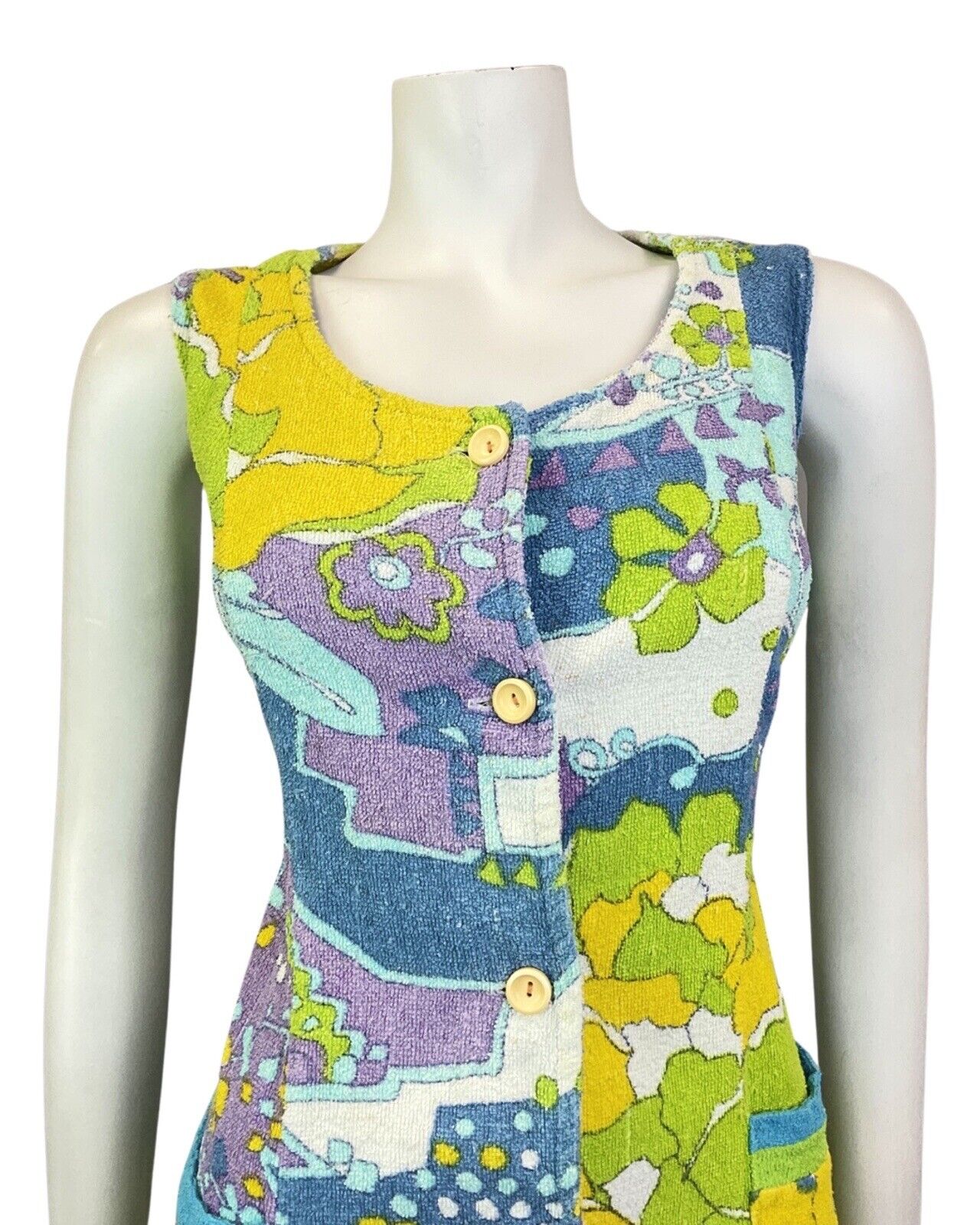 VINTAGE 60s 70s BLUE PURPLE GREEN PSYCHEDELIC FLORAL TERRY TOWEL BEACH DRESS 12