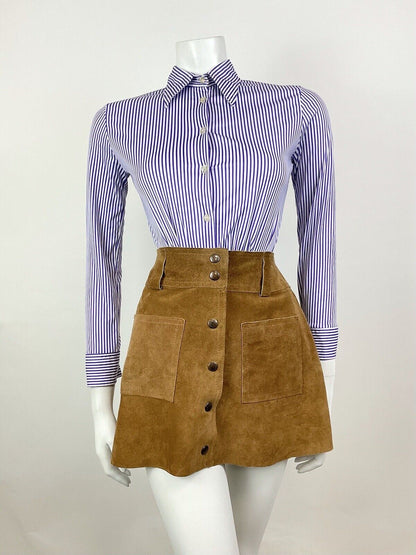 VINTAGE 60s 70s PURPLE WHITE STRIPED MOD DAGGER SHIRT BLOUSE 8