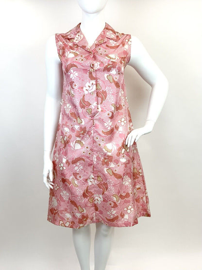 VINTAGE 60s 70s PINK WHITE GOLD PSYCHEDELIC SWIRL FLORAL MOD SHIRT DRESS 14 16
