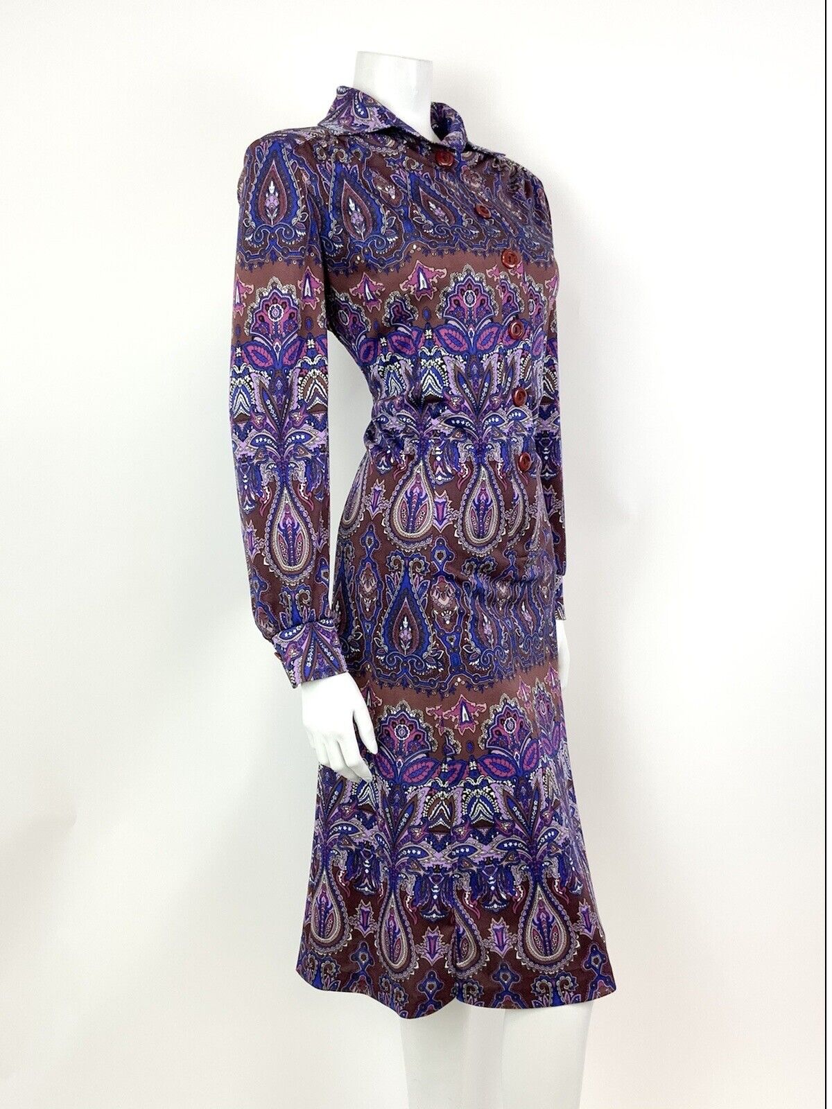VTG 60s 70s PURPLE BROWN BLUE PSYCHEDELIC FLORAL DAGGER SHIRT DRESS 16 18