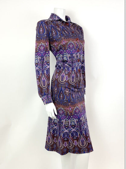 VTG 60s 70s PURPLE BROWN BLUE PSYCHEDELIC FLORAL DAGGER SHIRT DRESS 16 18