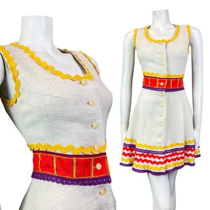 VINTAGE 60s CREAM RED YELLOW RIC-RAC CROCHETED LUCIE LINDEN MOD SWING DRESS 8