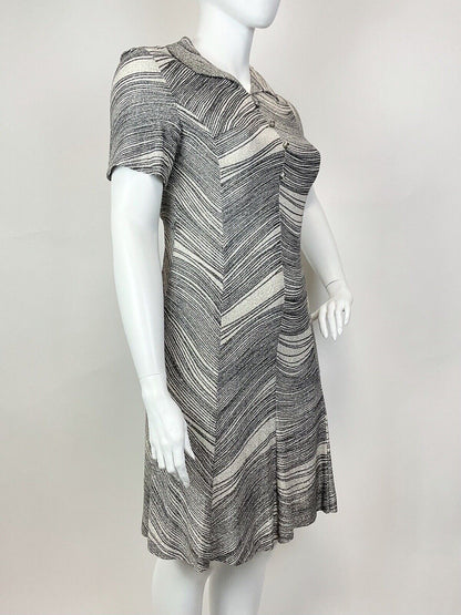 VINTAGE 60s 70s SILVER BLACK WHITE STRIPED LUREX PARTY GLAM SHIRT DRESS 16