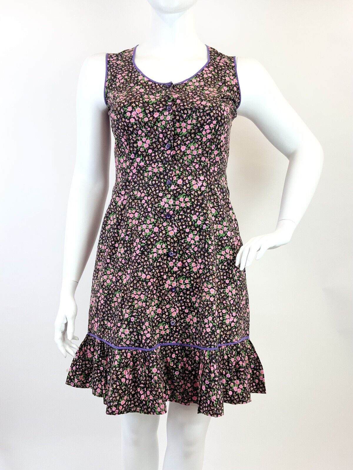 VTG 60s 70s BLACK PURPLE PINK FLORAL DITSY BOHO SLEEVELESS RUFFLE DRESS 16 18