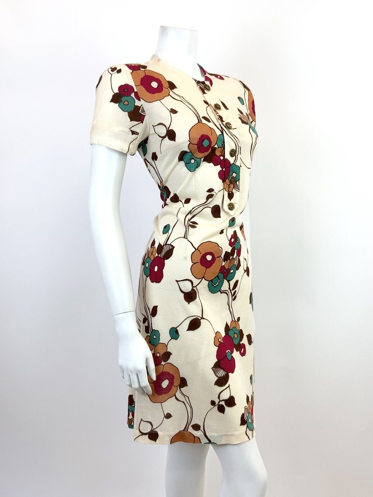 VINTAGE 60s 70s CREAM BROWN RED FLORAL VINE SHORT SHIFT DRESS 10 12