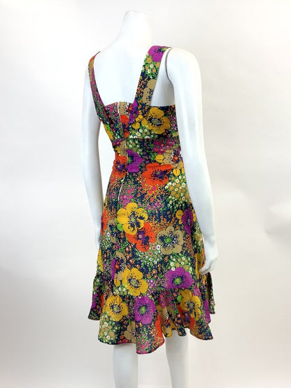 VINTAGE 60s 70s BLUE GREEN YELLOW RED FLORAL PSYCHEDELIC DOTTY SUMMER DRESS 8
