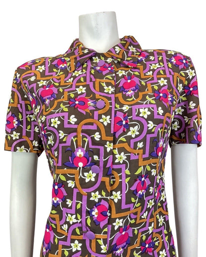 VINTAGE 60s 70s BROWN PURPLE WHITE GEOMETRIC FLORAL SHIRT DRESS 16 18