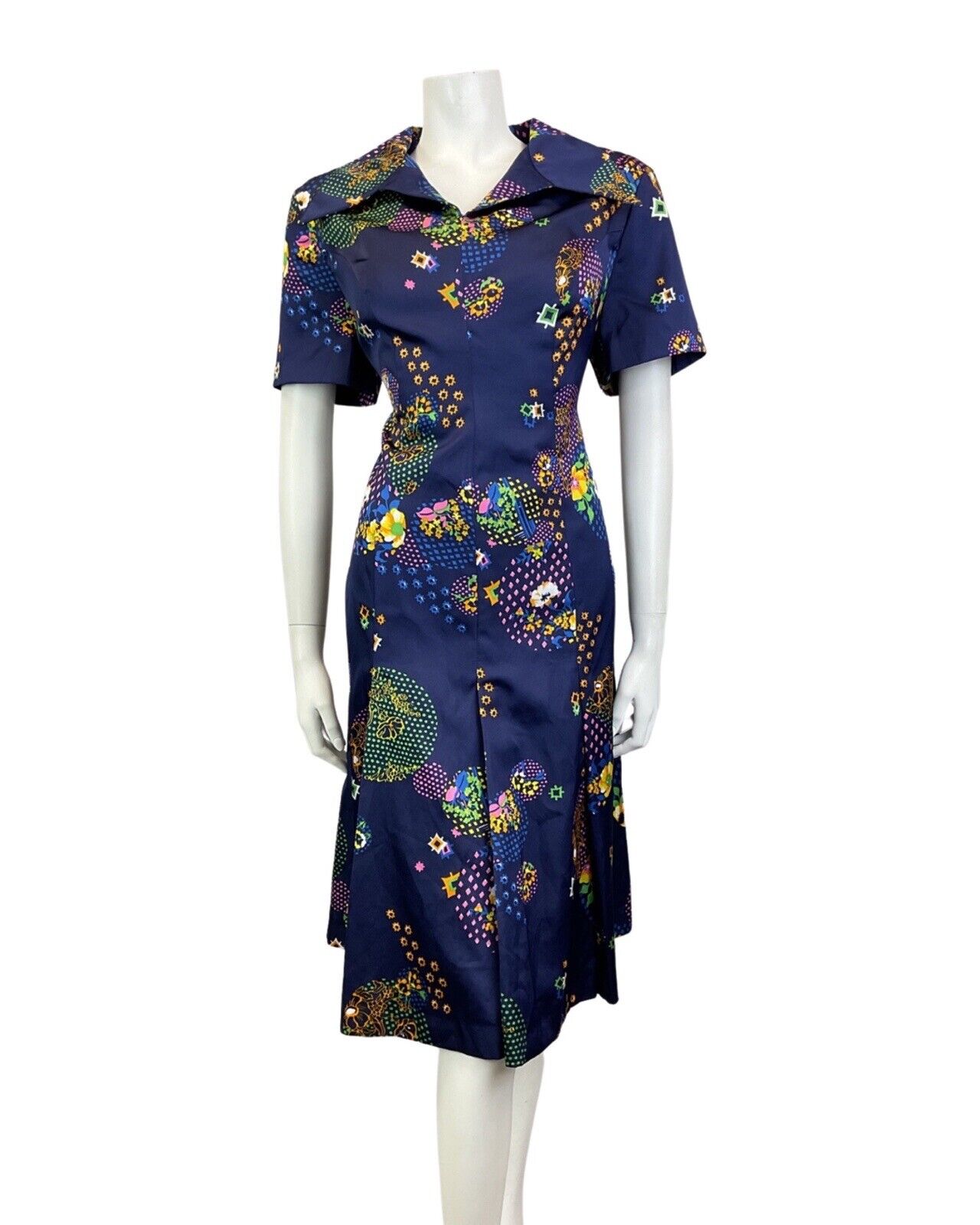 VINTAGE 60s 70s BLUE YELLOW PINK GEOMETRIC DOTTY FLORAL WING SHIRT DRESS 14 16