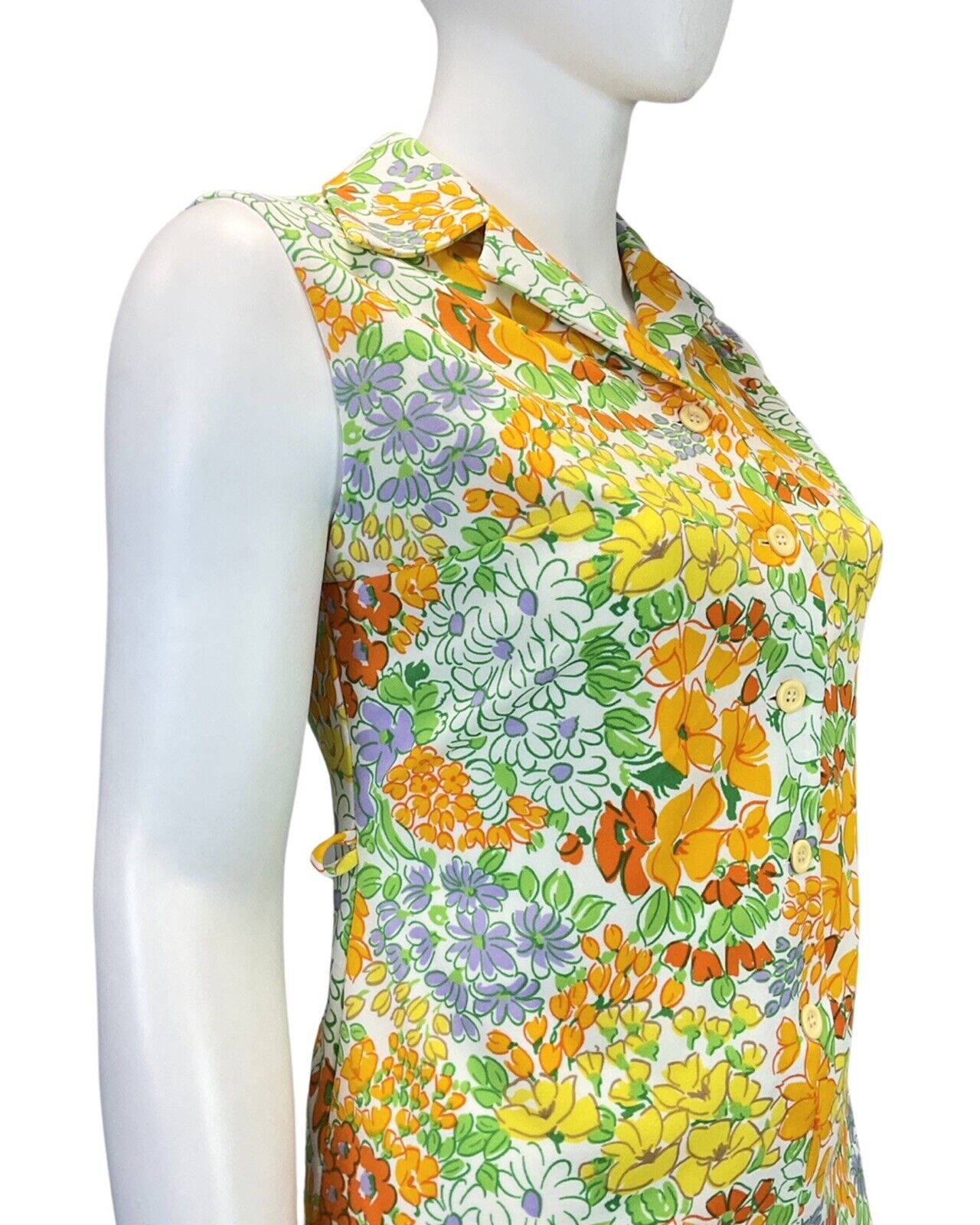 VINTAGE 60s 70s WHITE YELLOW ORANGE FLORAL SLEEVELESS DAGGER SHIRT DRESS 16 18