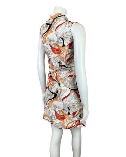 VINTAGE 60s 70s WHITE RED BLACK PSYCHEDELIC FLORAL SLEEVELESS MOD SHIRT DRESS 10
