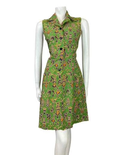VINTAGE 60s 70s GREEN BLACK GOLD ABSTRACT FLORAL MOD DAGGER SHIRT DRESS 8 10