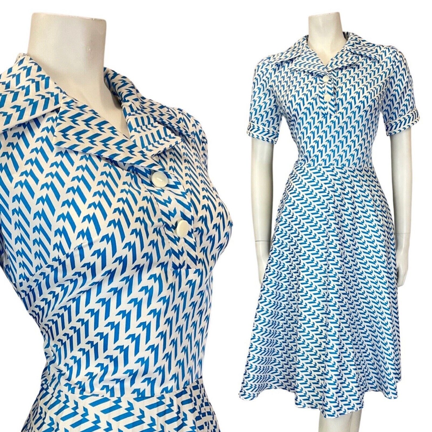 VINTAGE 60s 70s BLUE WHITE STRIPED ZIG-ZAG GEOMETRIC MOD SHIRT SWING DRESS 10