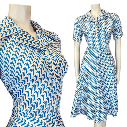 VINTAGE 60s 70s BLUE WHITE STRIPED ZIG-ZAG GEOMETRIC MOD SHIRT SWING DRESS 10