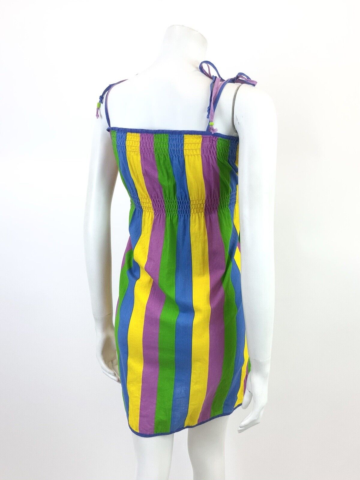 VINTAGE 70s 80s GREEN BLUE YELLOW PURPLE STRIPED STRAPPY SUMMER DRESS 10 12