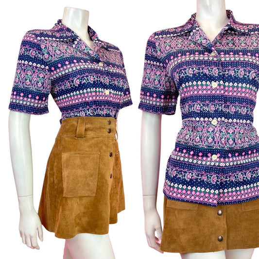 VINTAGE 60s 70s BLUE PINK WHITE PSYCHEDELIC DOTTY FLORAL BLOUSE TOP 12 14