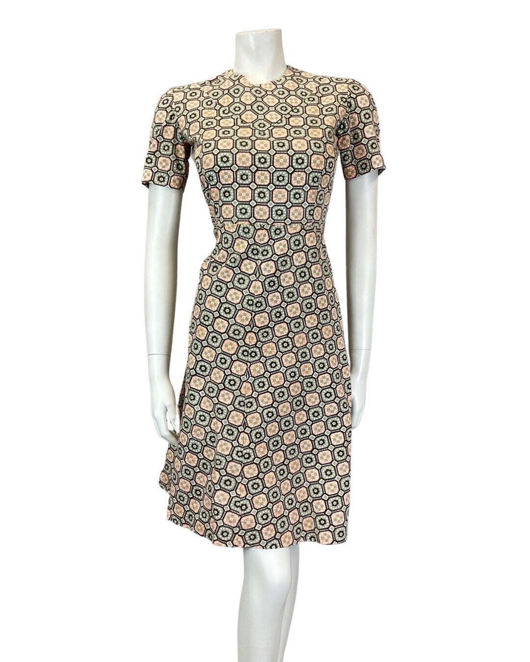 VINTAGE 60s 70s GREY PINK BLACK TILED GEOMETRIC DAISY FLOWER MOD SHORT DRESS 6 8