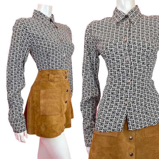 VINTAGE 60s 70s WHITE BLACK GEOMETRIC MOD DAGGER SHIRT BLOUSE 8 10