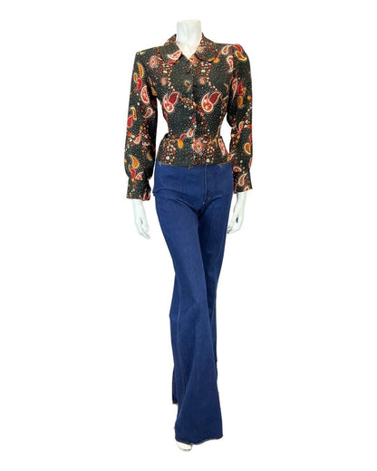 VINTAGE 60s 70s BLACK ORANGE RED PAISLEY FLORAL MOD PETER PAN COLLAR BLOUSE 8