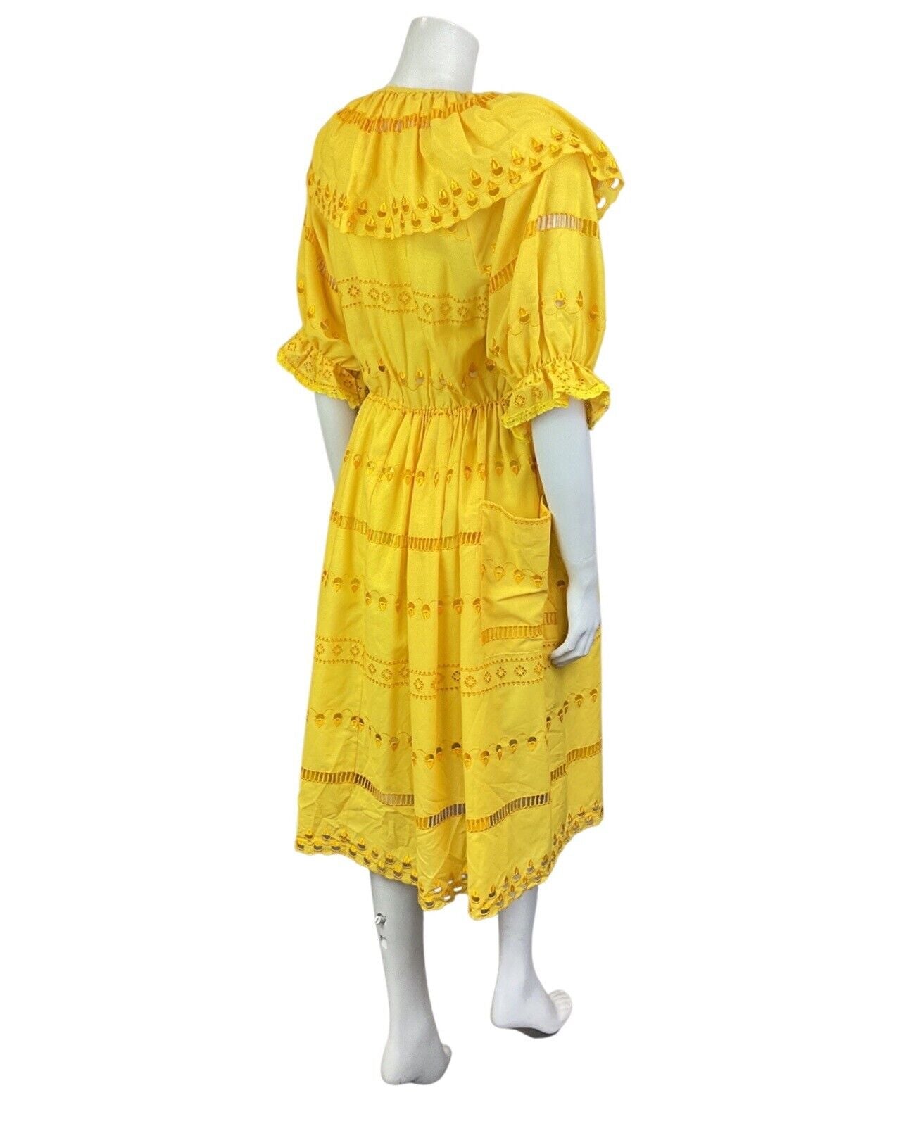 VINTAGE 70s SUNSHINE YELLOW EMBROIDERED CUT-WORK RUFFLED PRAIRIE DRESS 8 10