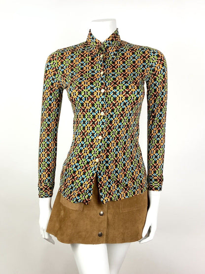 VTG 60s 70s BLACK ORANGE BLUE GREEN GEOMETRIC TRELLIS DAGGER SHIRT BLOUSE 4 6