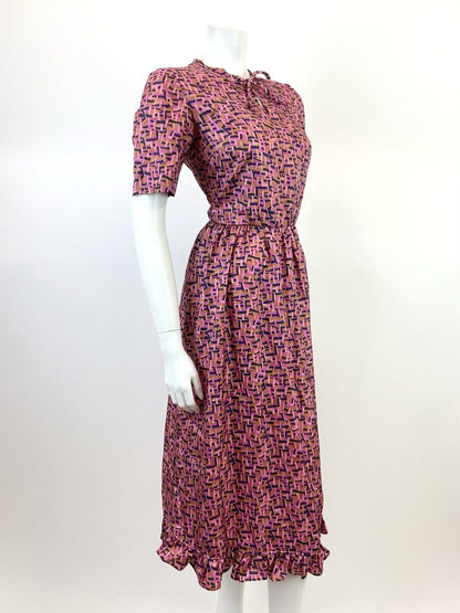 VINTAGE 60s 70s PINK BLUE GOLD BASKETWEAVE GEOMETRIC PSYCHEDELIC MOD DRESS 8 10