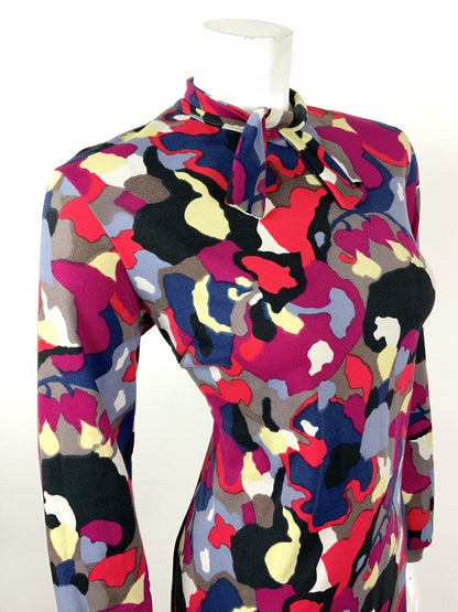 VINTAGE 60s 70s MULTI-COLOUR FLORAL ABSTRACT PSYCHEDELIC BOW DRESS 14 16