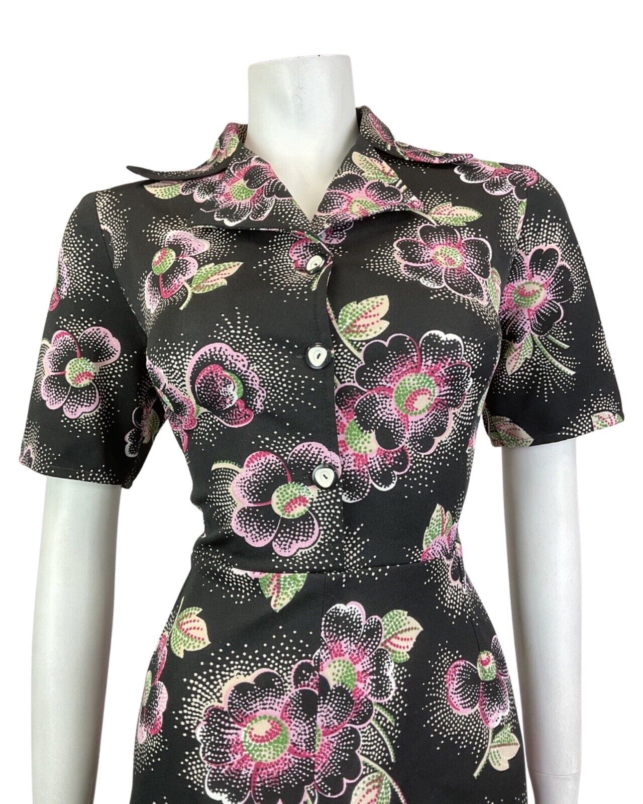 VINTAGE 60s 70s BLACK WHITE PINK FLORAL DOTTY MOD DAGGER SHIRT DRESS 12 14